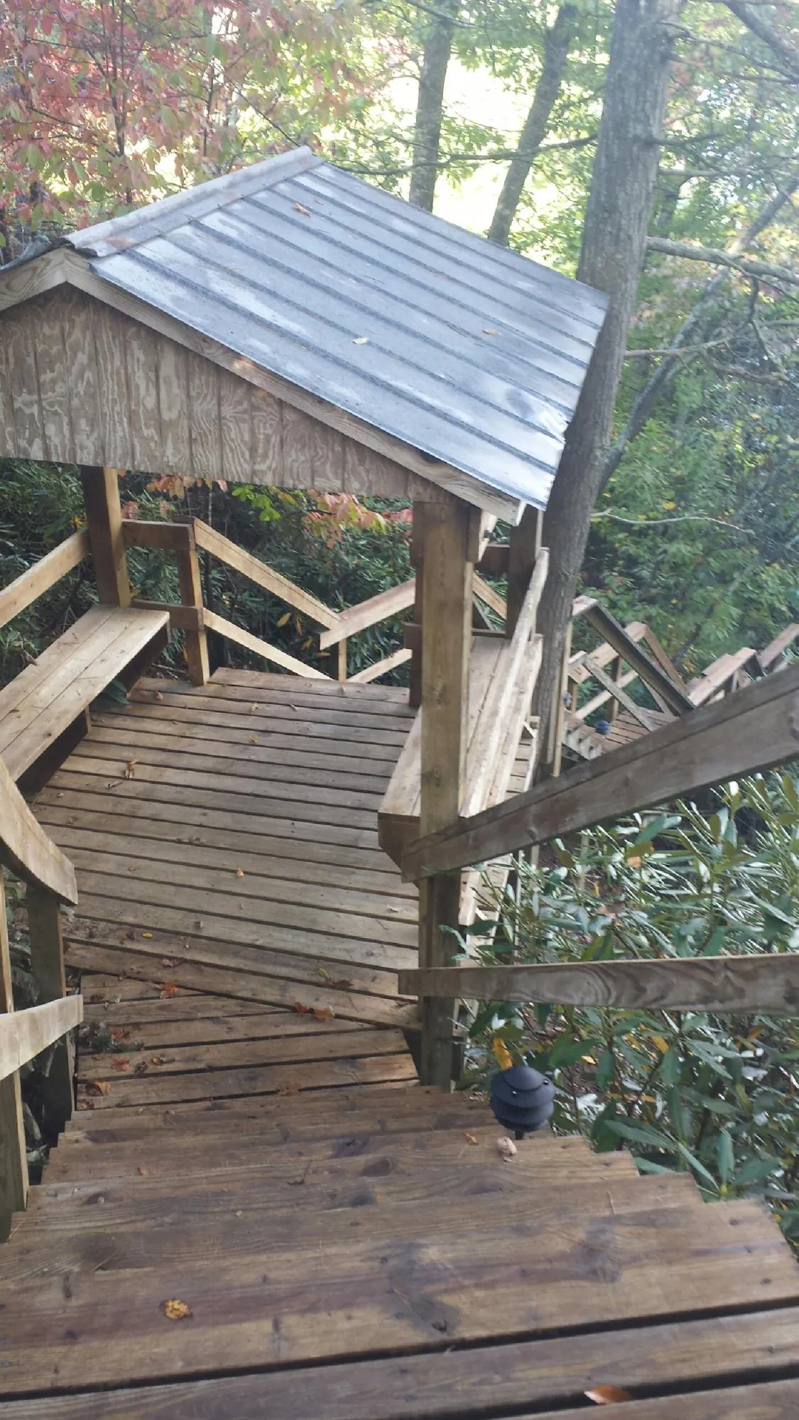 Metal roofed shelter over wooden steps on a wooded walkway — Skylight Repair & Installation work by our crew in Ely